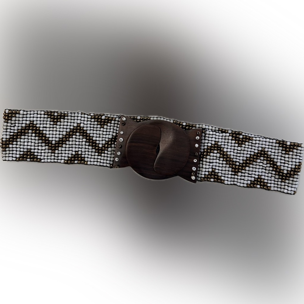Chico's Black and Brown Chevron Belt with Wooden Buckle